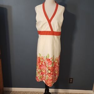 Ann Taylor Faux Wrap Cream Dress Orange Trim & Pink Floral Skirt Size 14